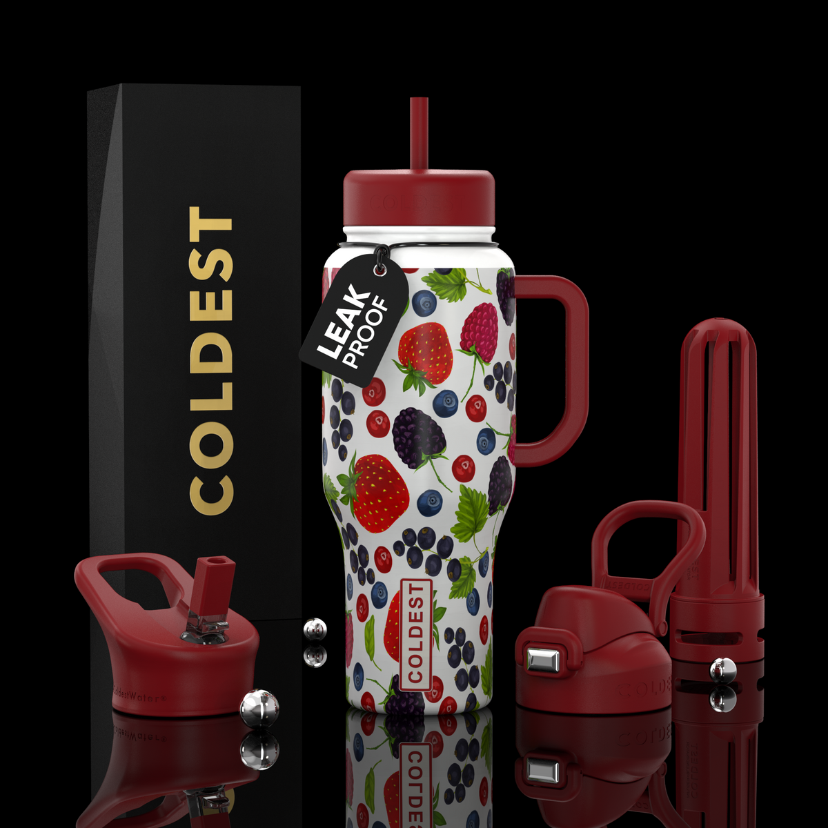 36oz insulated water bottle with straw and red lids; strawberry and mixed berry pattern