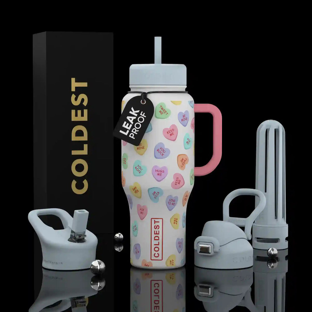 COLDEST 36oz insulated tumbler with leak-proof lid, colorful heart icons, metal straw.