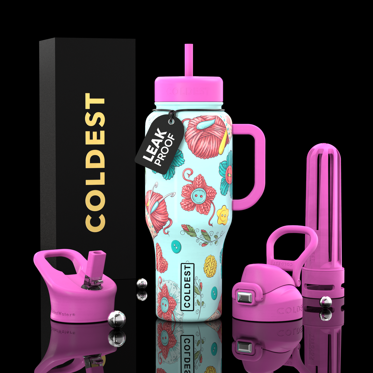 36oz insulated water bottle with straw and pink lids; botanical sea-creature print