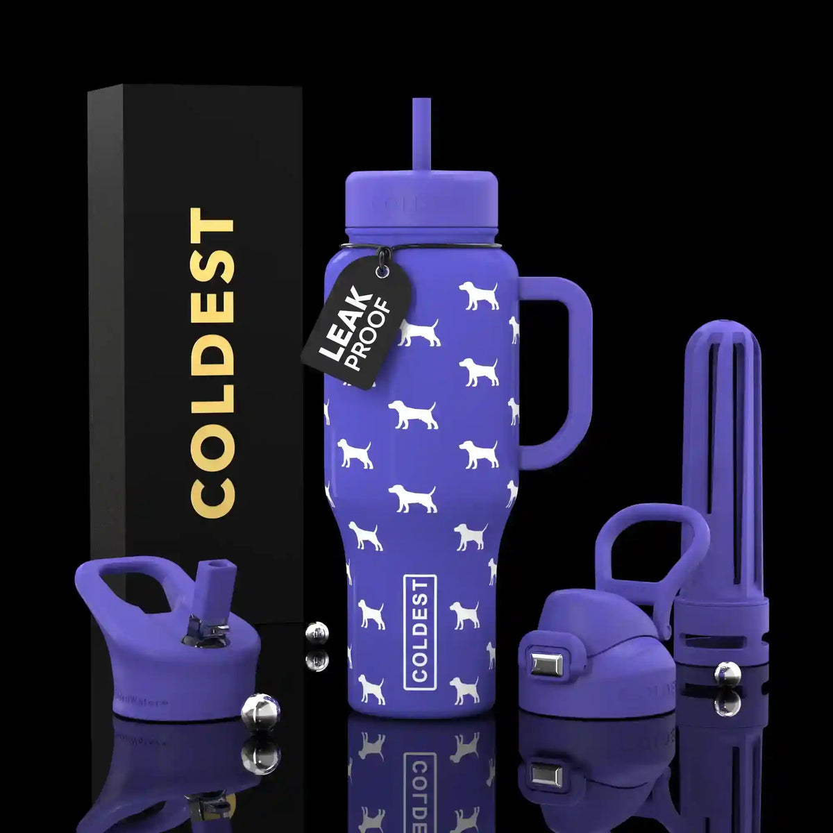 COLDEST 36oz insulated tumbler with leak-proof lid, blue dog pattern, metal straw.