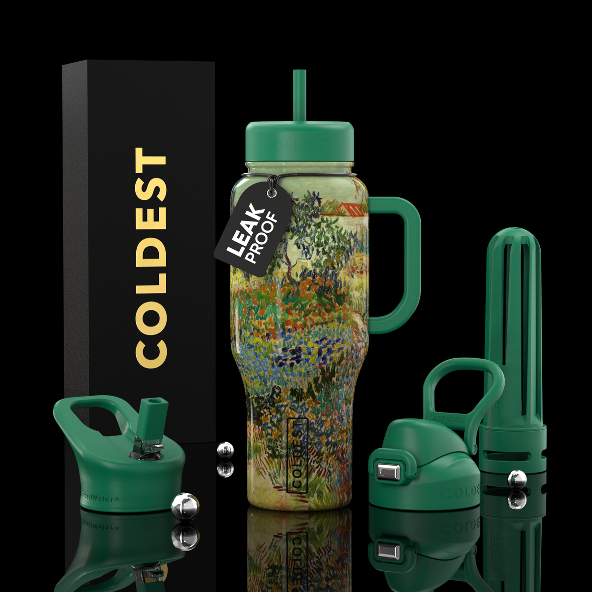 COLDEST 36oz Limitless Ultra v8 tumbler, green with colorful field landscape art and handle