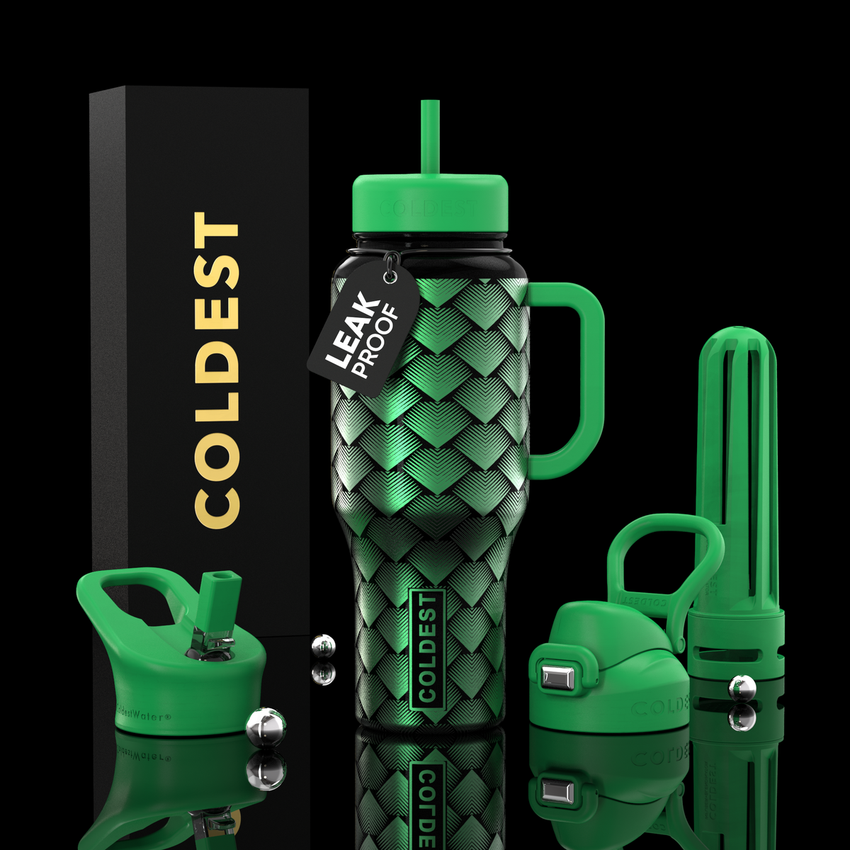 COLDEST 36oz insulated water bottle with handle, green scale pattern, flip straw lid