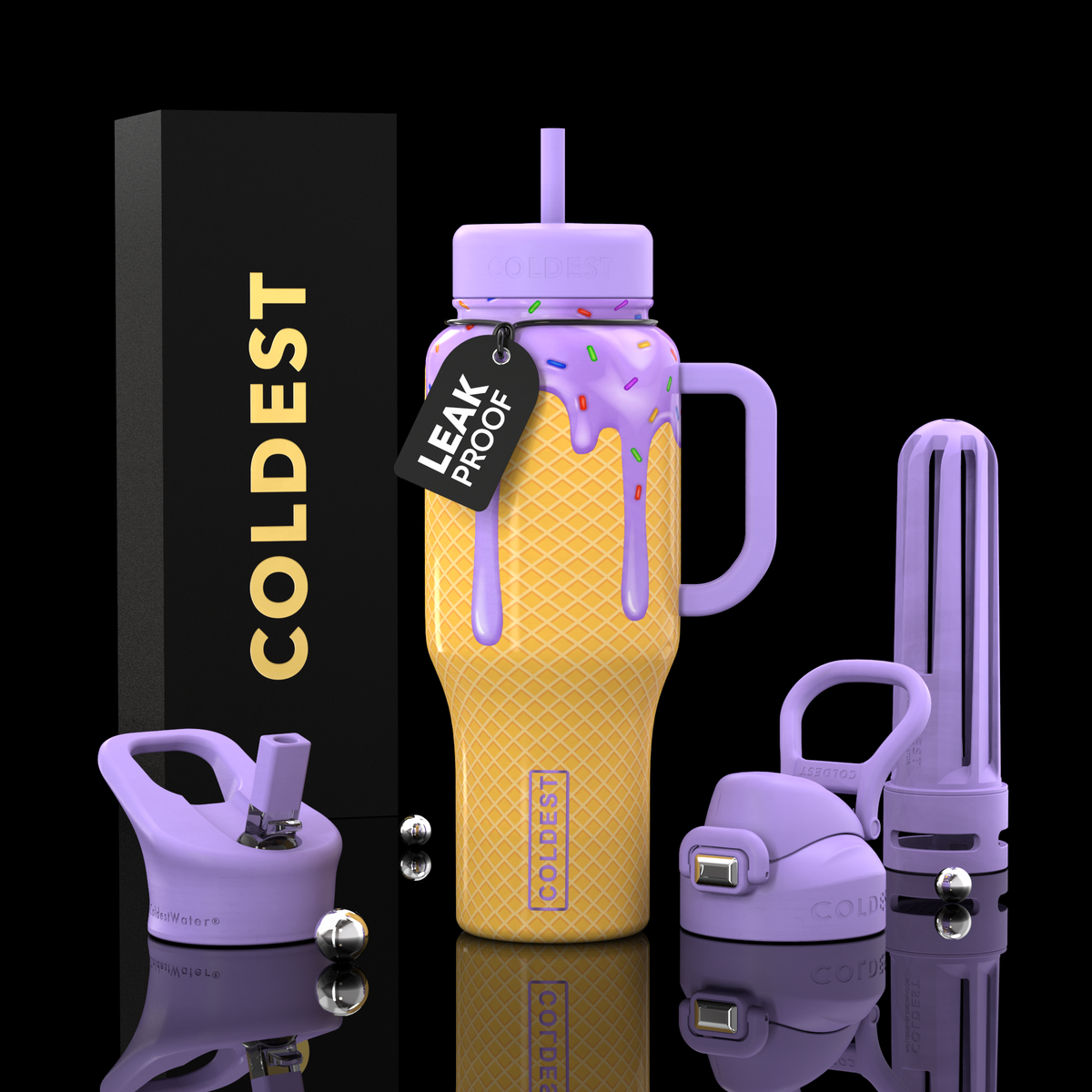 36oz insulated water bottle with orange ice-cream cone design, straw lid, and flip handle