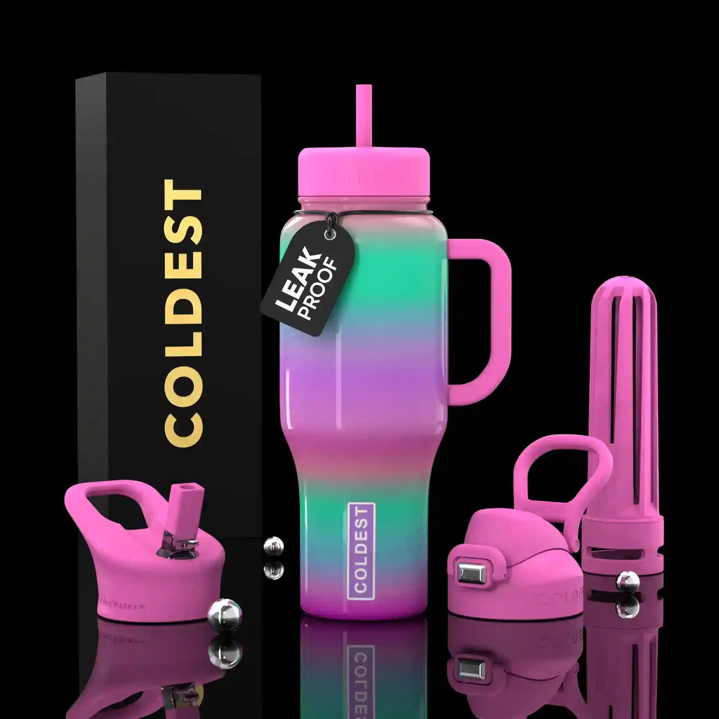 COLDEST 36oz insulated tumbler with leak-proof lid, pink and green ombre, metal straw.
