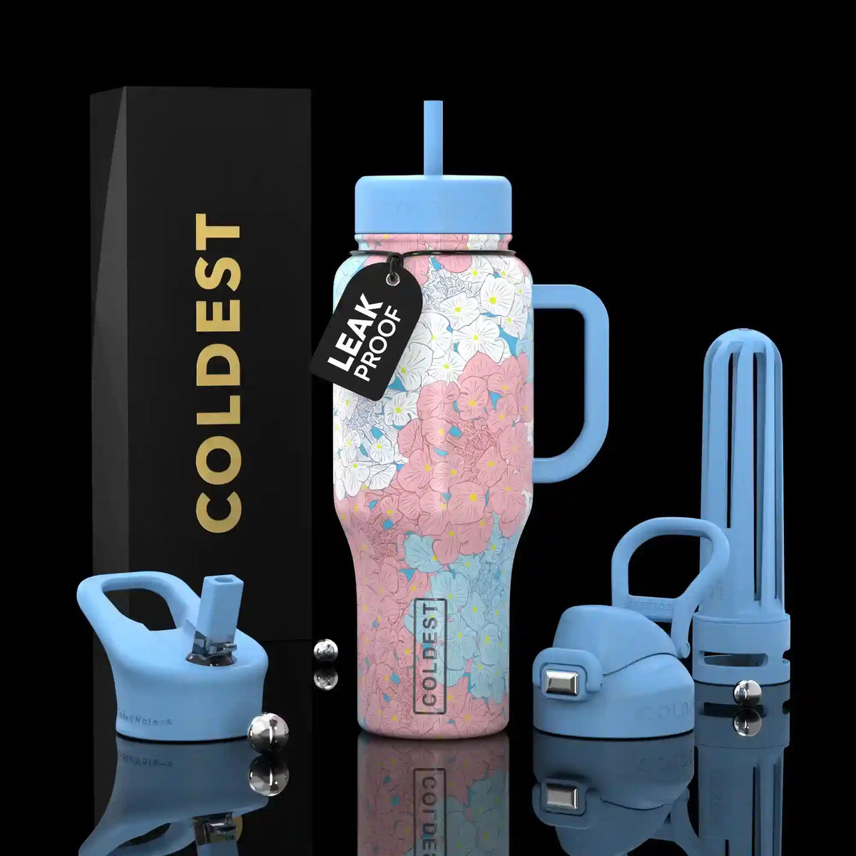 COLDEST 36oz insulated water bottle, pastel floral pattern with blue flip straw lid