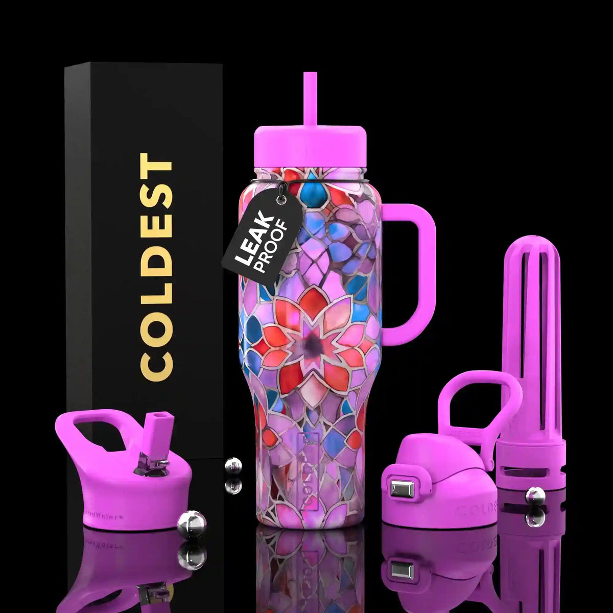 COLDEST 36oz insulated water bottle, pink and purple stained-glass floral pattern with flip straw lid