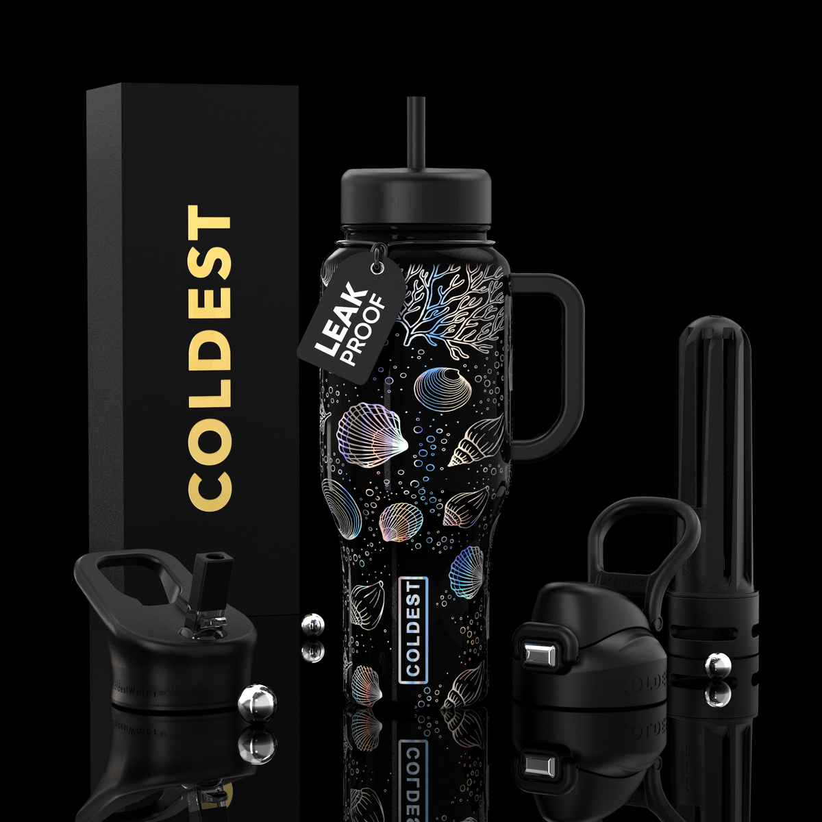 COLDEST 36oz Limitless Ultra v8 tumbler, black with blue underwater shell and star pattern
