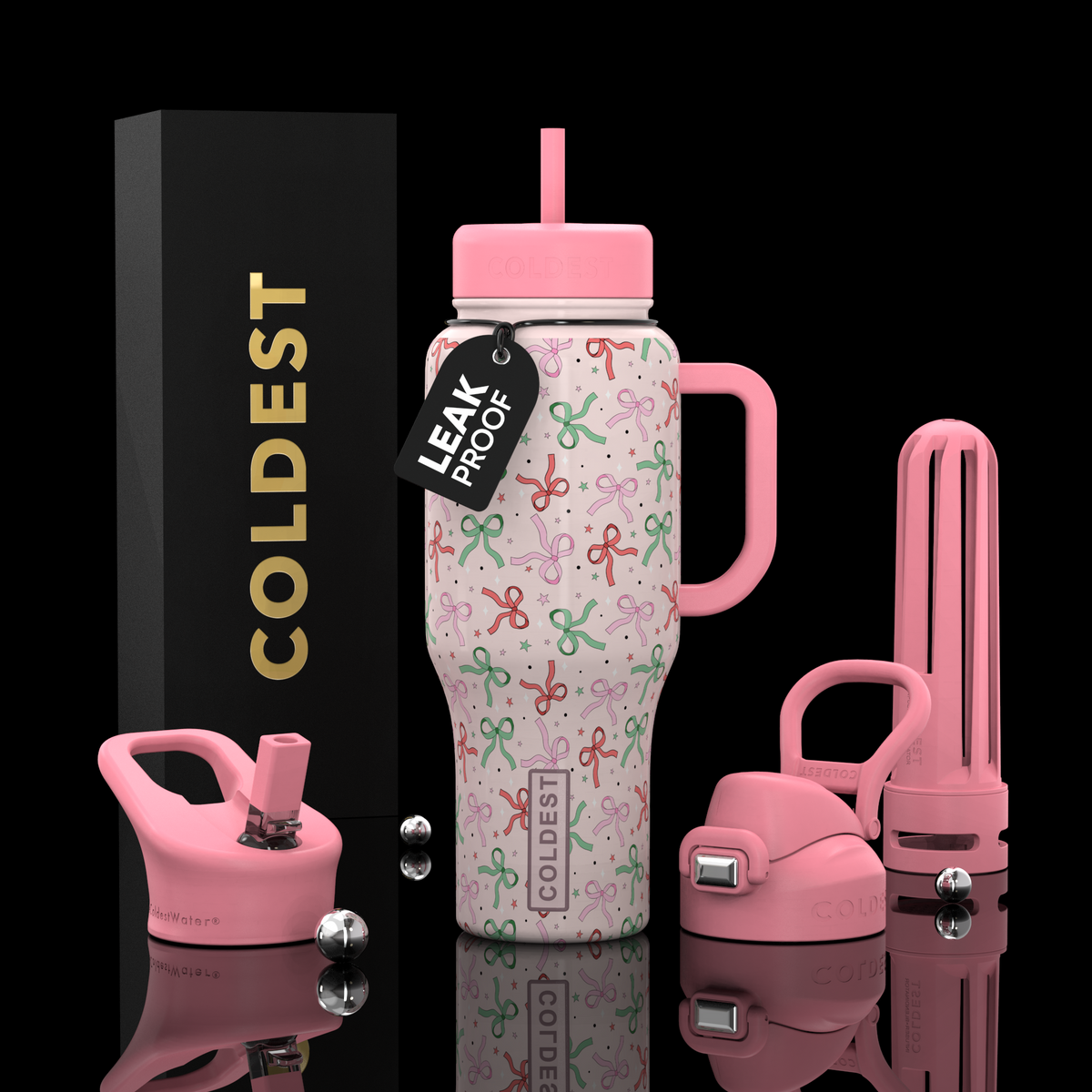 36oz insulated water bottle with pink floral pattern, straw lid, and flip handle