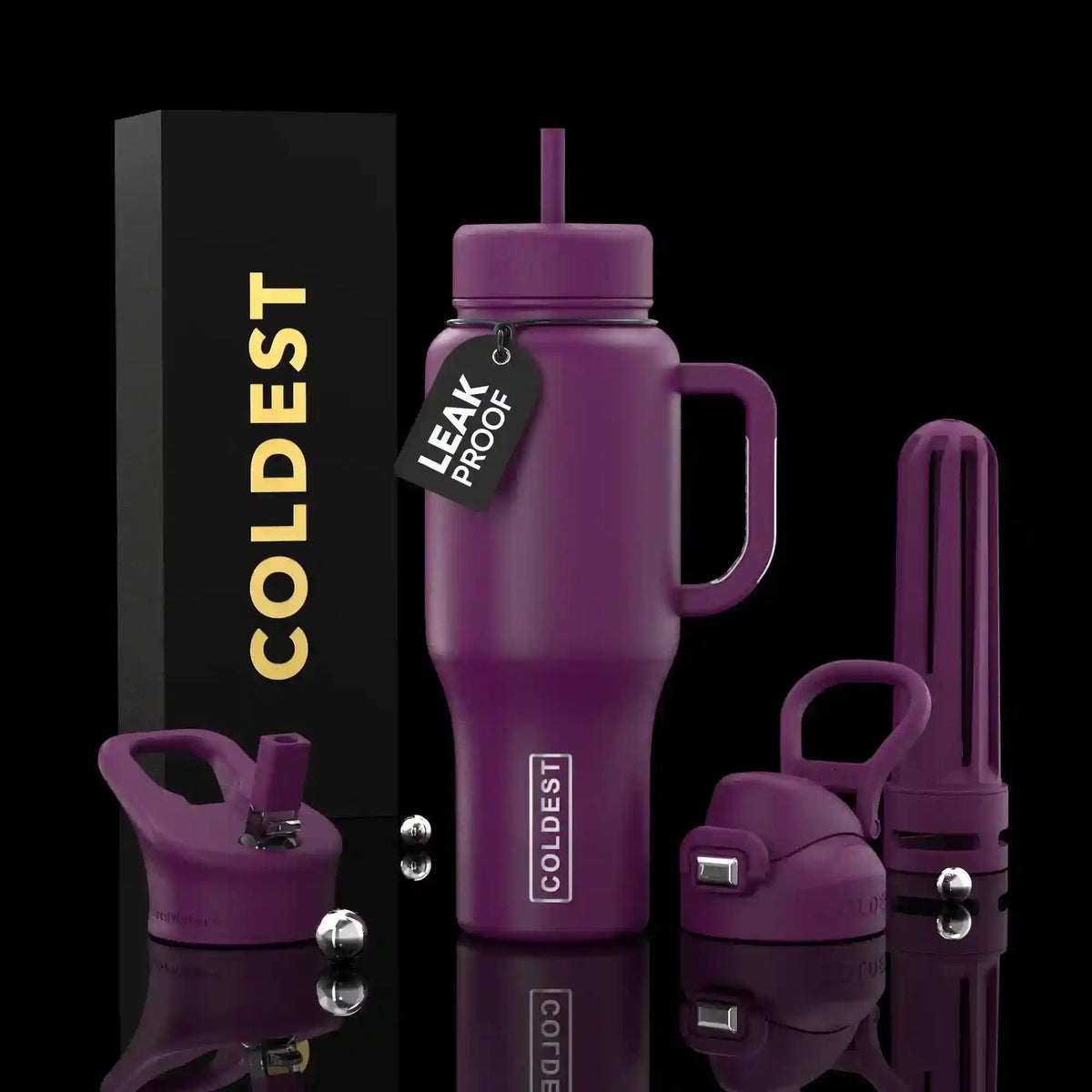 Purple 36oz tumbler bottle set with handle, leakproof lid, and straw