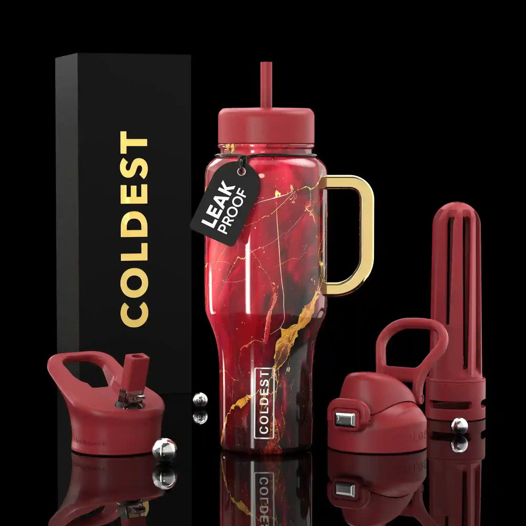 COLDEST 36oz insulated water bottle, red and gold abstract design with flip straw lid