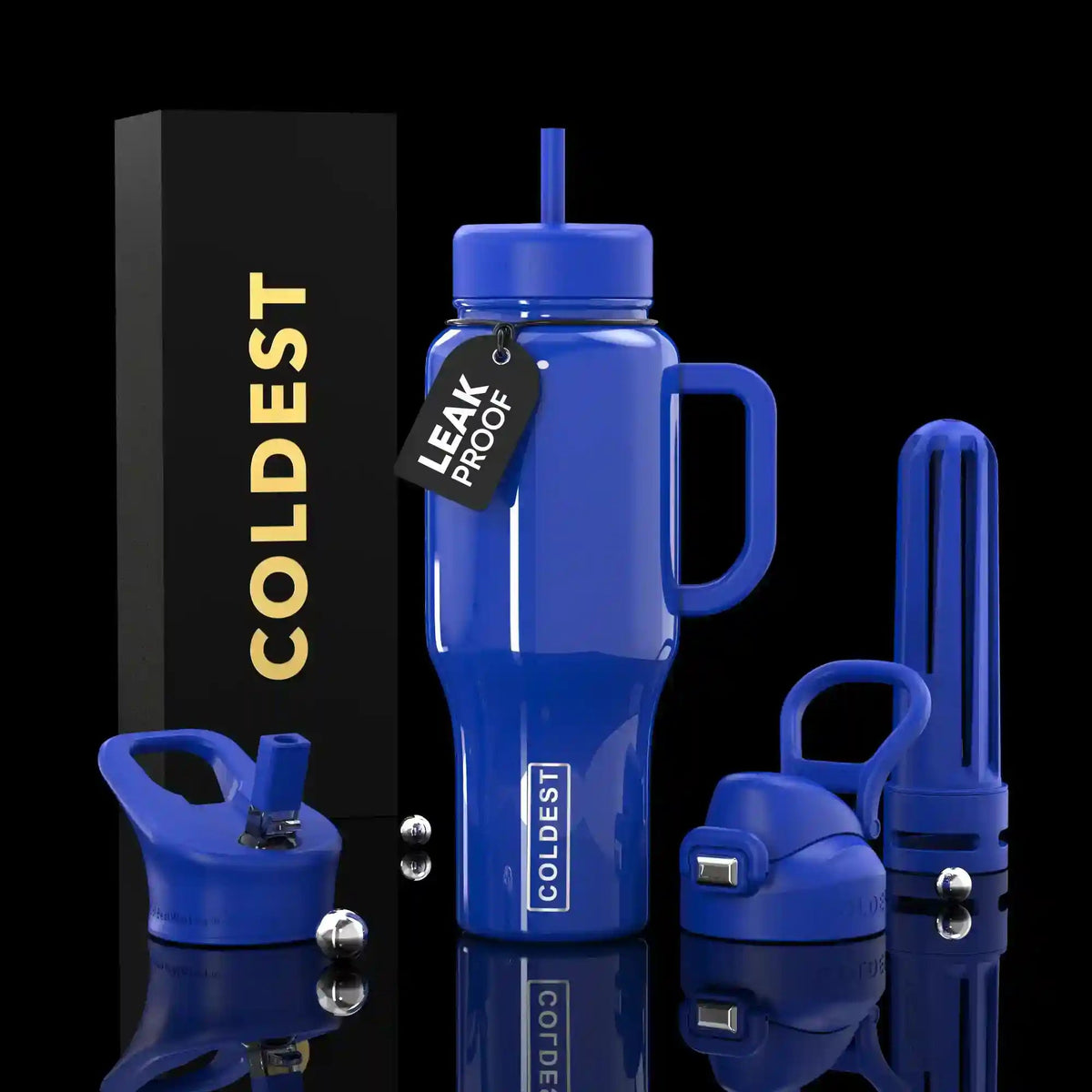 COLDEST 36oz insulated water bottle, solid blue with flip straw lid and matching cap