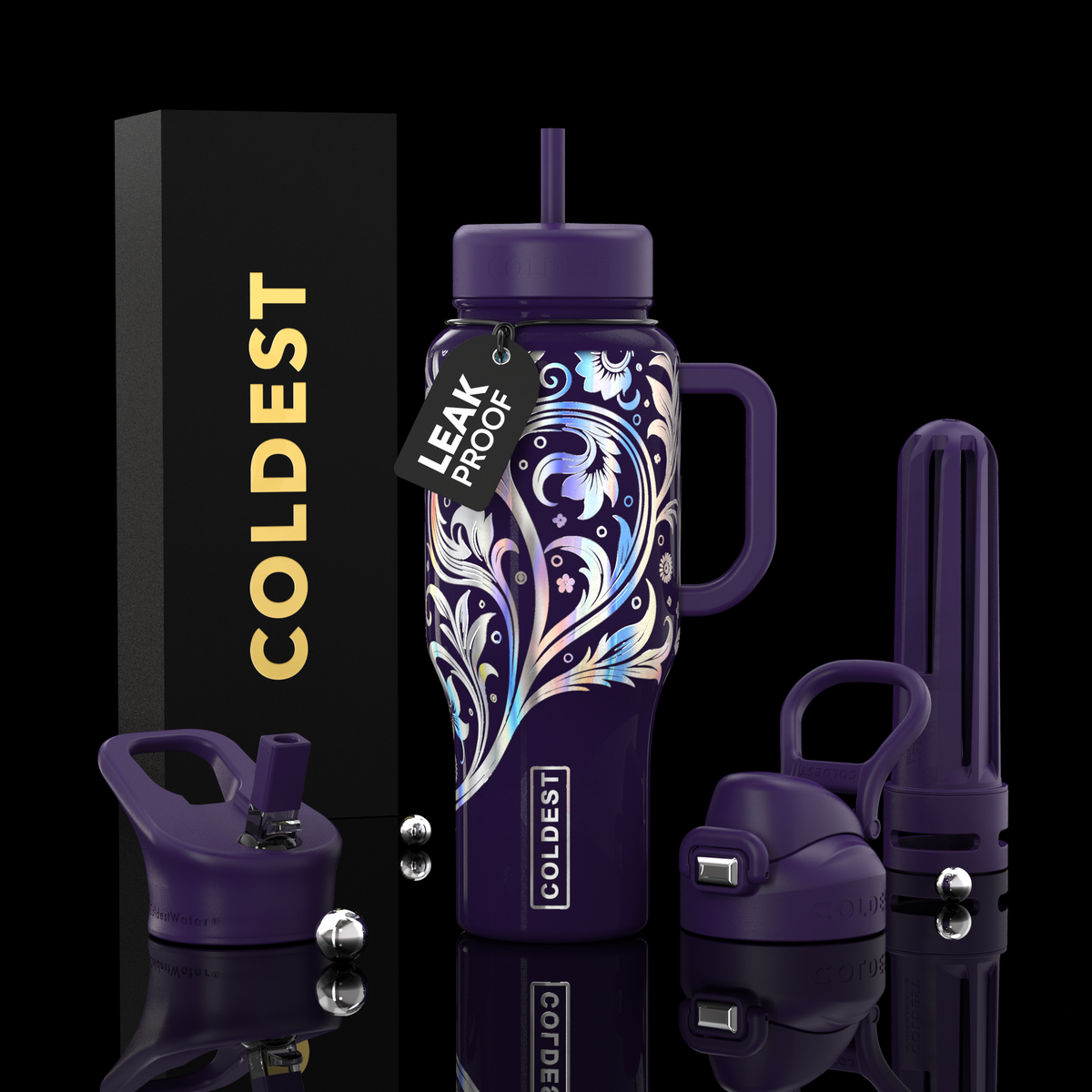 36oz insulated water bottle with dark purple ornate pattern, straw lid, and flip handle