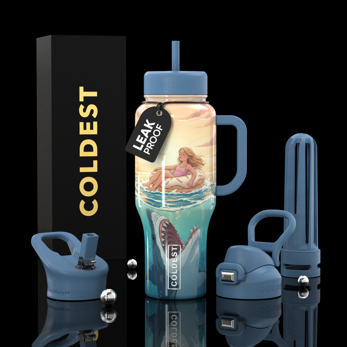 36oz insulated water bottle with straw, blue handle lids, and orange nude illustration