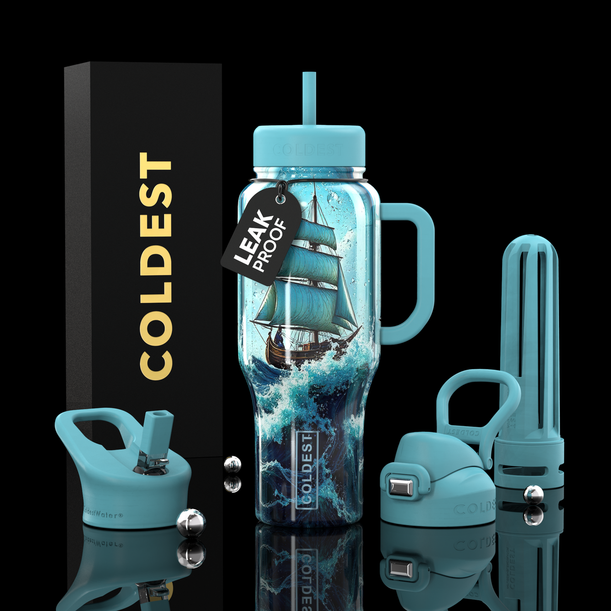 36oz insulated water bottle with blue ocean ship scene, straw lid, and flip handle
