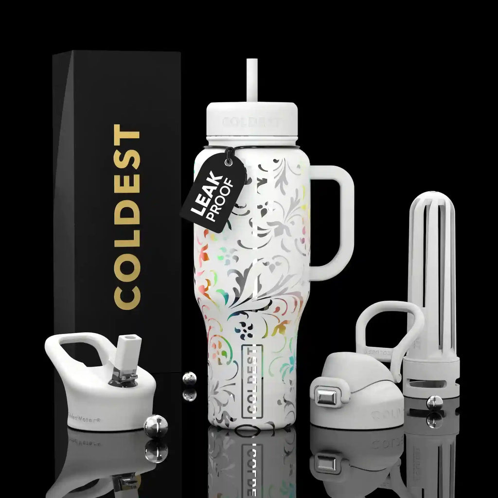 36oz insulated bottle, white with colorful animal designs, includes straw and handle