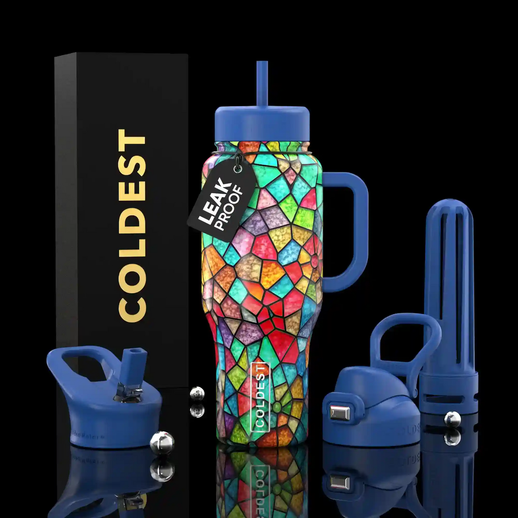 COLDEST 36oz insulated water bottle, multicolor stained-glass pattern with blue flip straw lid