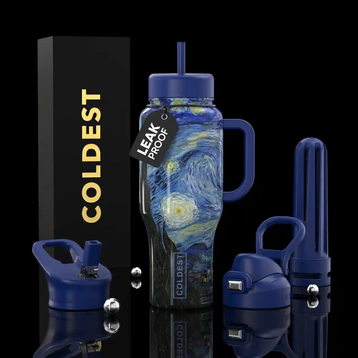 COLDEST 36oz insulated water bottle, blue swirl marbled pattern with flip straw lid