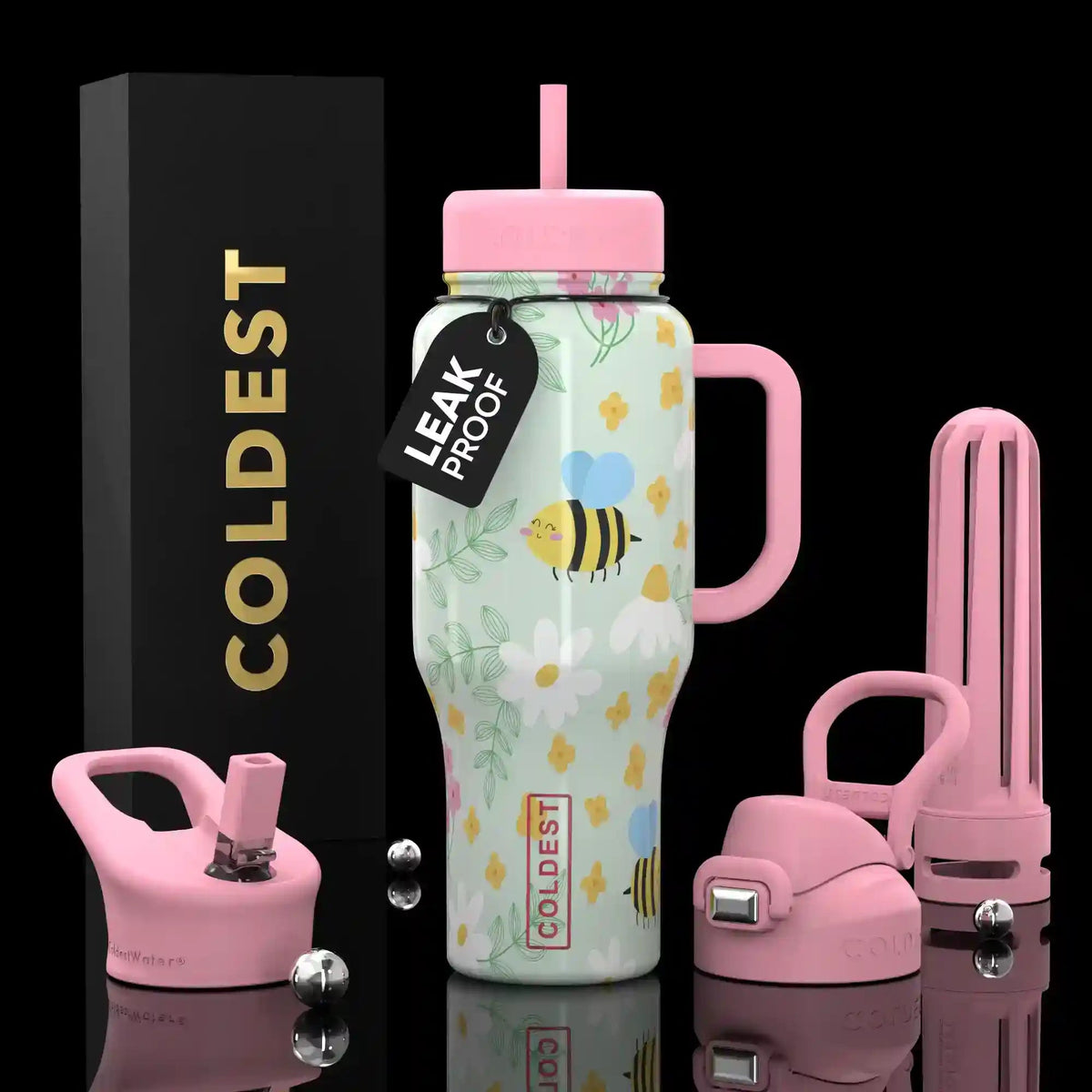 Pink 36oz tumbler bottle set with floral wrap, handle, leakproof lid, straw