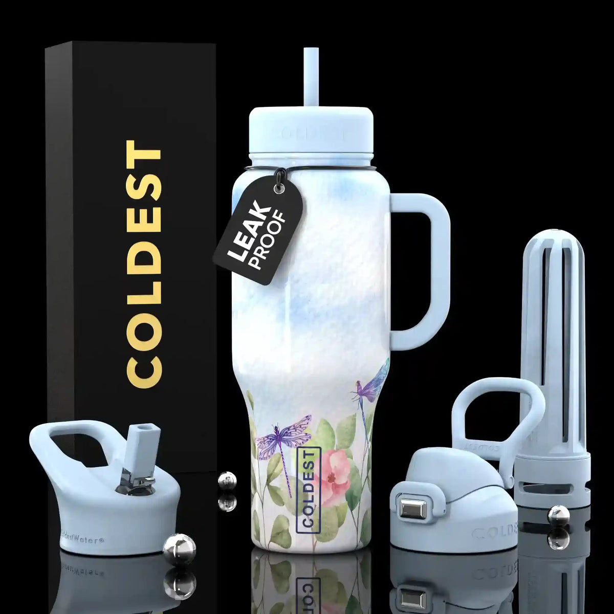 Light blue 36oz tumbler bottle set with butterfly floral wrap, handle, leakproof lid, straw