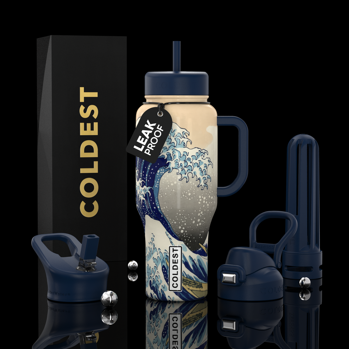 COLDEST 36oz Limitless Ultra v8 tumbler, dark blue with white and blue wave design