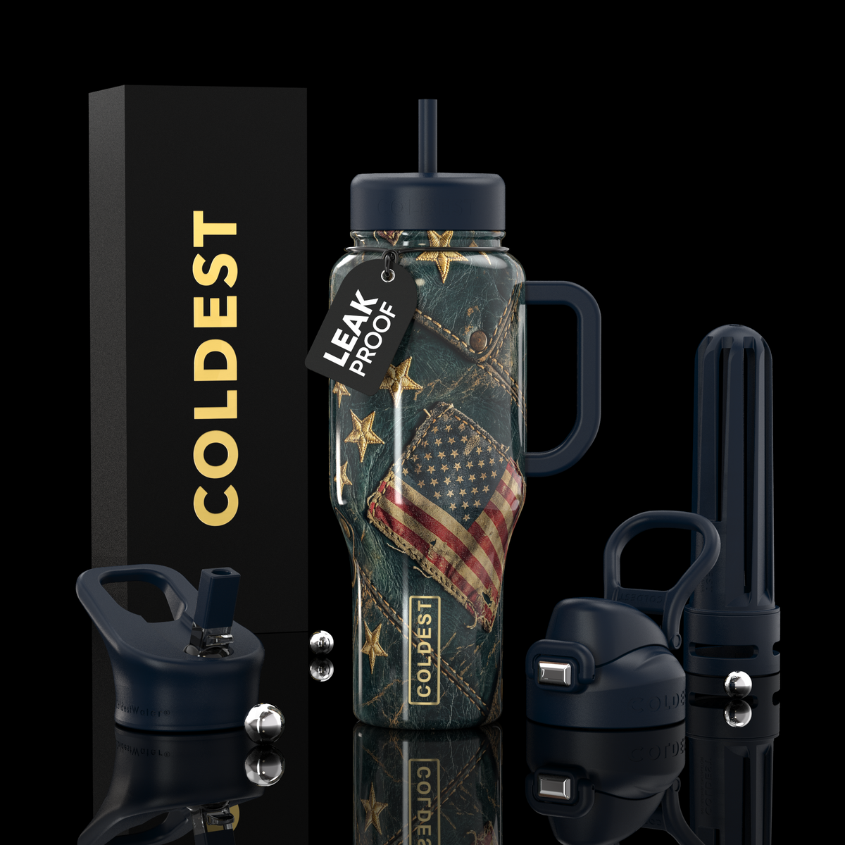 36oz insulated water bottle with handle, camo wrap, and American flag graphic