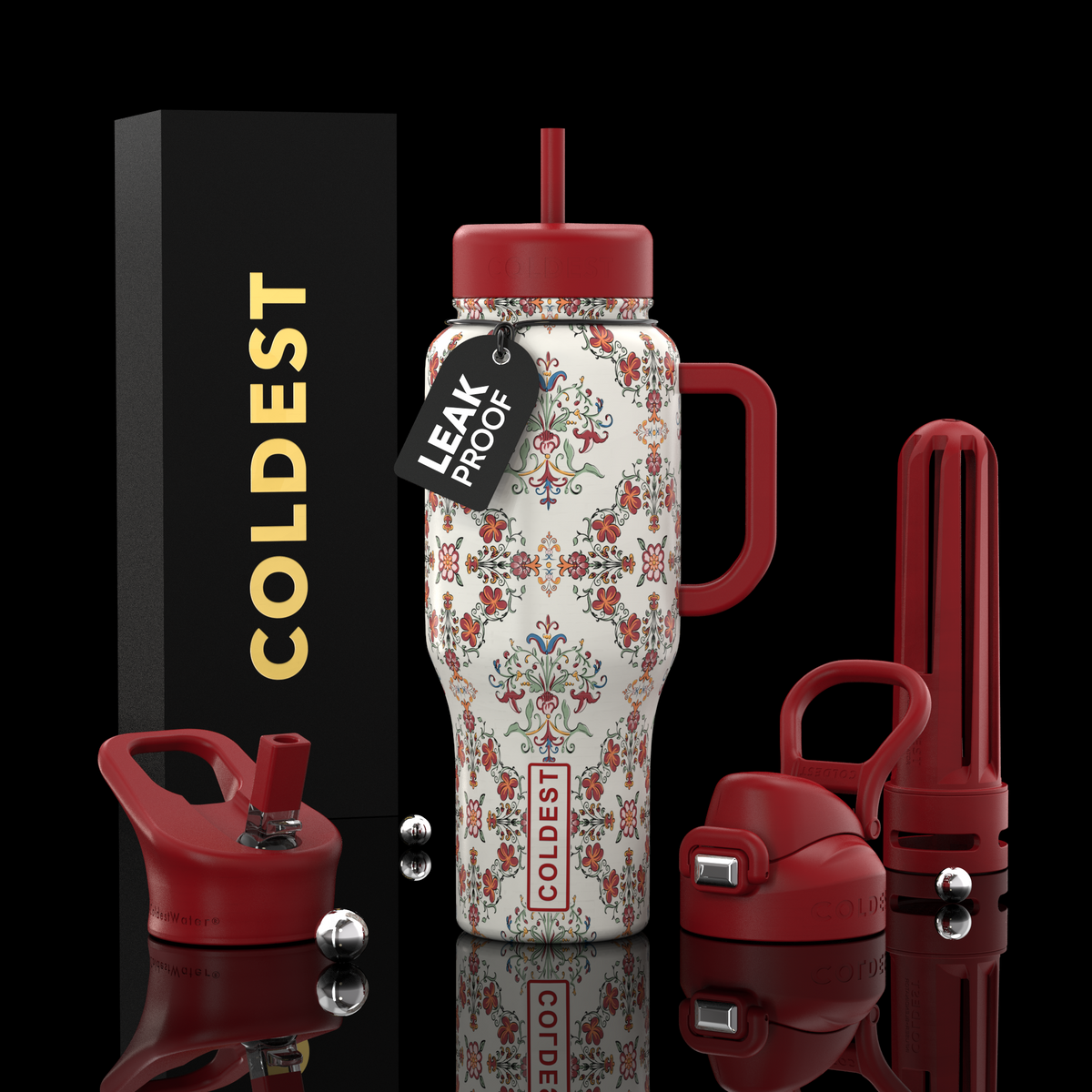 COLDEST 36oz Limitless Ultra v8 tumbler, red with white floral scroll motif and handle