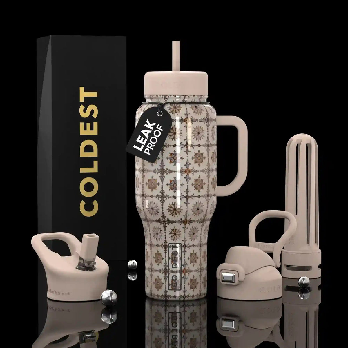 COLDEST 36oz insulated tumbler with leak-proof lid, tan damask pattern, metal straw.