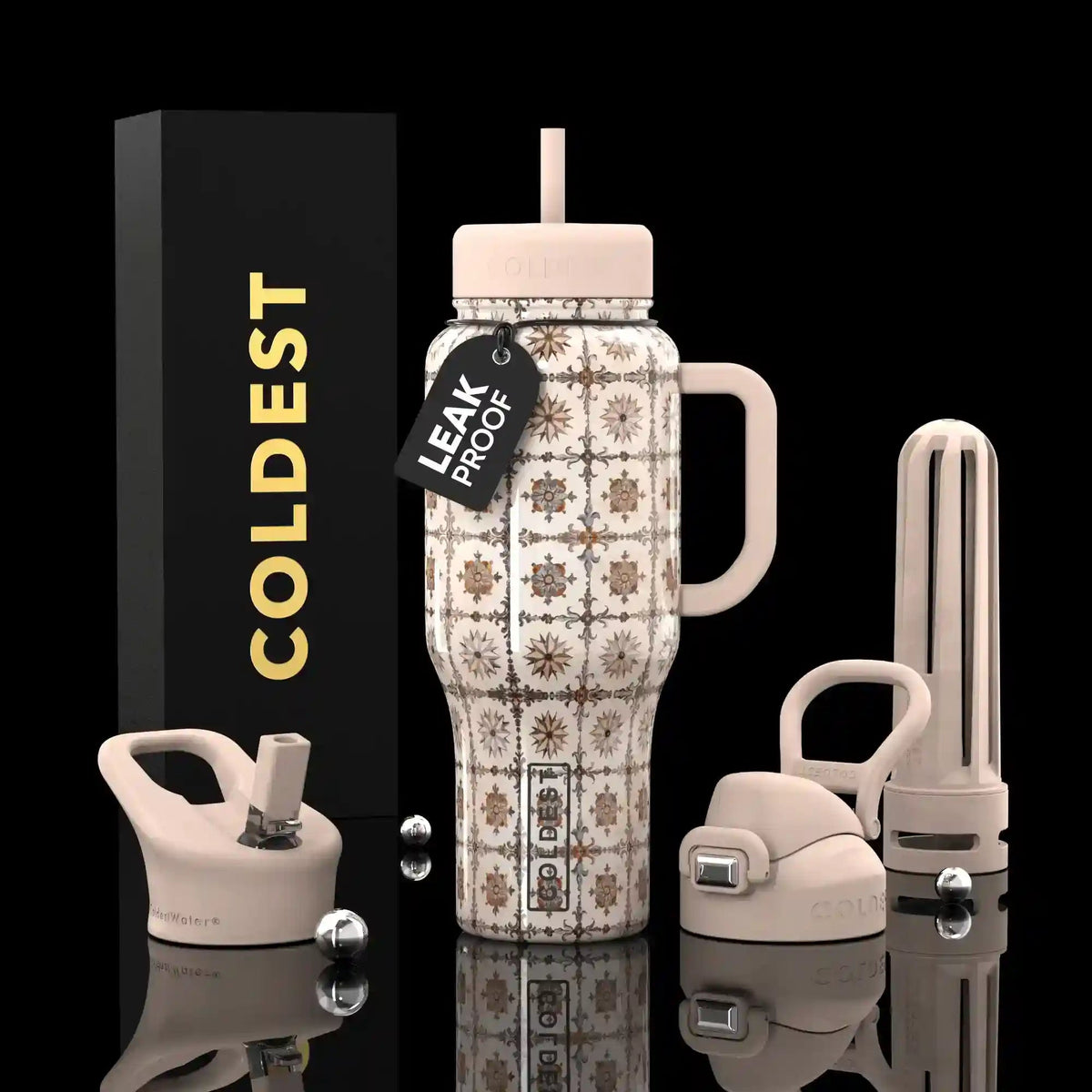 COLDEST 36oz insulated tumbler with leak-proof lid, cream and tan pattern, metal straw.