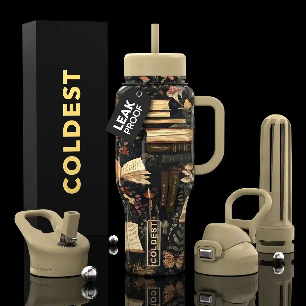 Beige 36oz tumbler bottle set with illustrated wrap, handle, leakproof lid, straw