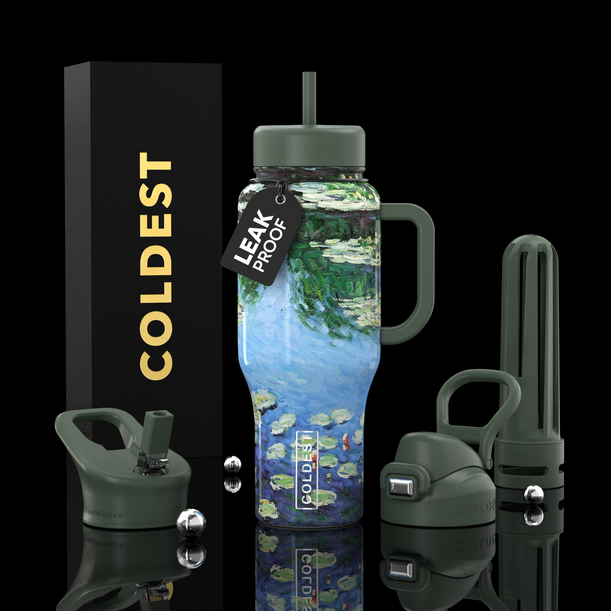Green 36oz tumbler bottle set with landscape wrap, handle, leakproof lid, straw