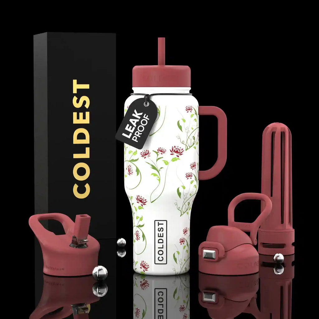 36oz insulated bottle, white with small floral print, includes straw and handle