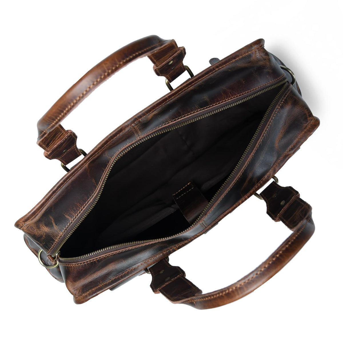 Brown leather briefcase with open top showing dark interior and zipper closure.