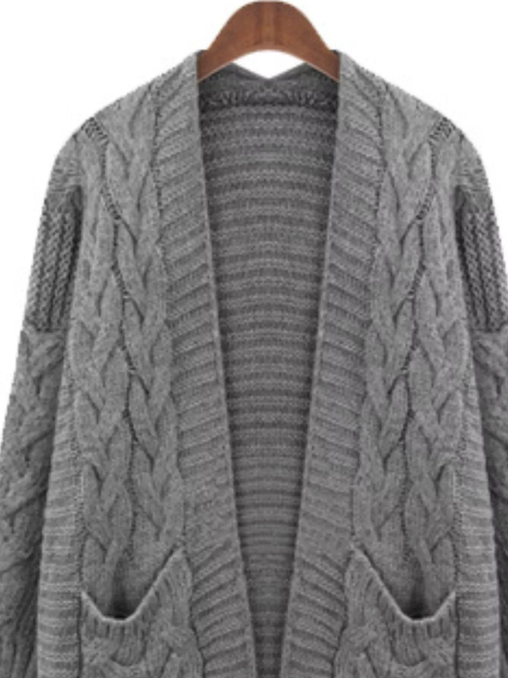 Chunky knit open-front cardigan in heather grey, cable-knit open front and pockets