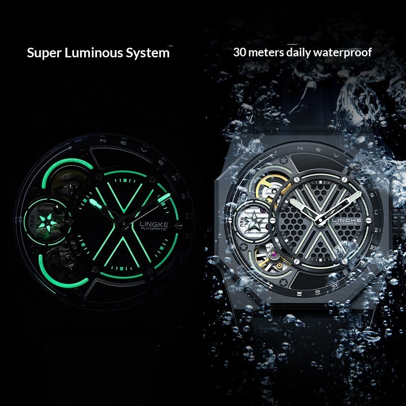 Tonneau skeleton quartz wristwatch with green luminous dial, black silicone strap
