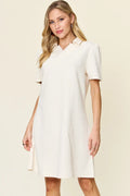 White textured collared short-sleeve shift dress with buttoned placket