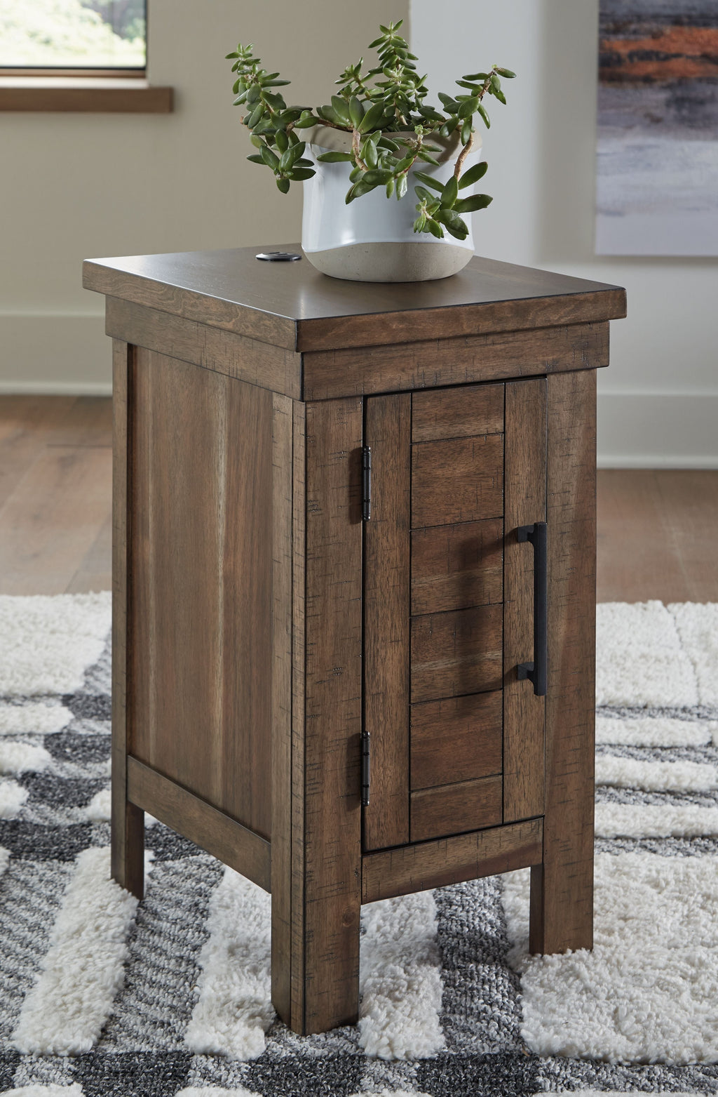 Grayish-brown chair side end table with square top and cabinet doors