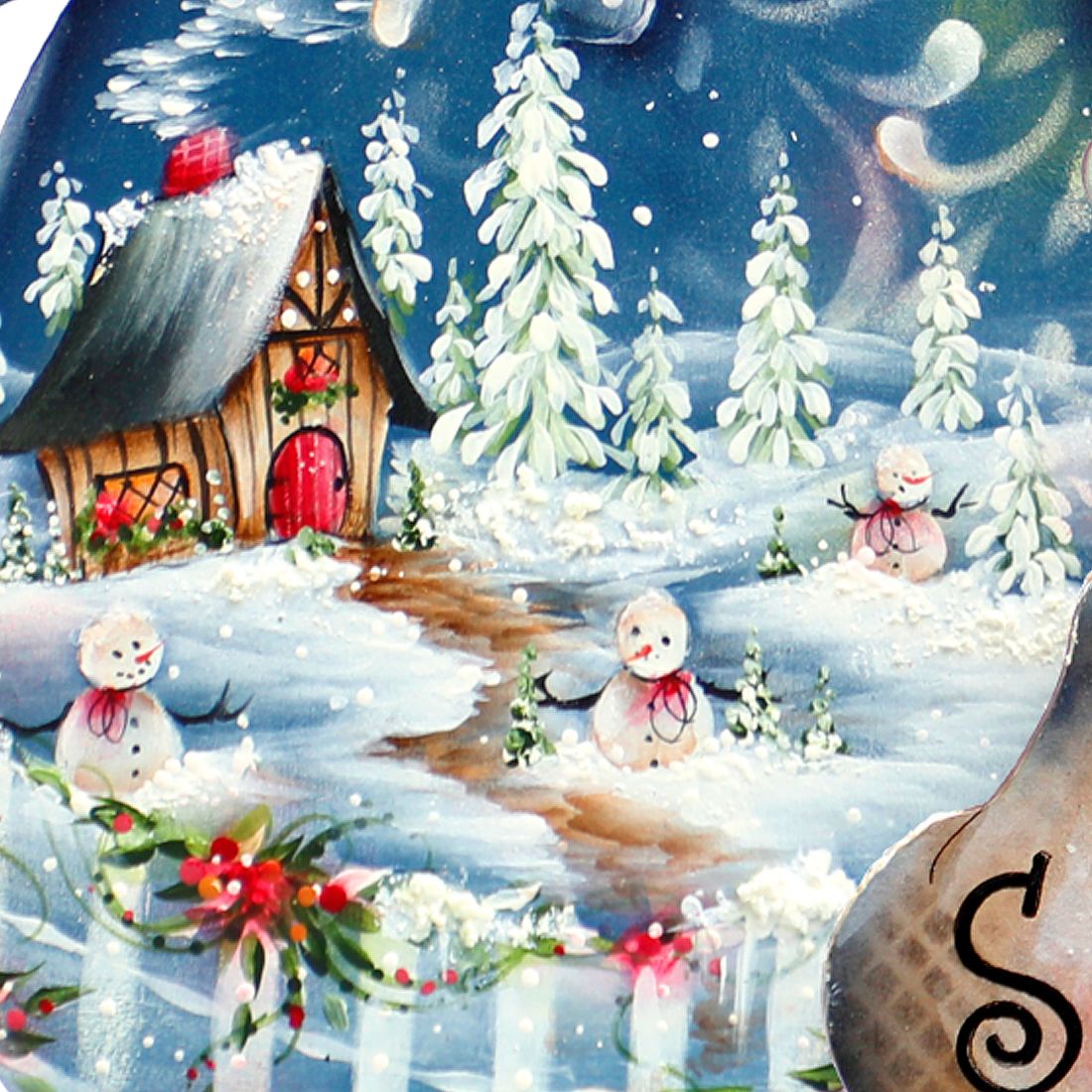 Christmas outdoor yard sign with snowy cottage, snowmen and falling snowflakes
