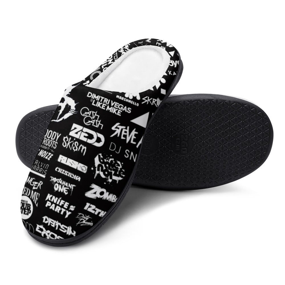 Black cotton slip-on slippers with white logo print and textured rubber outsole