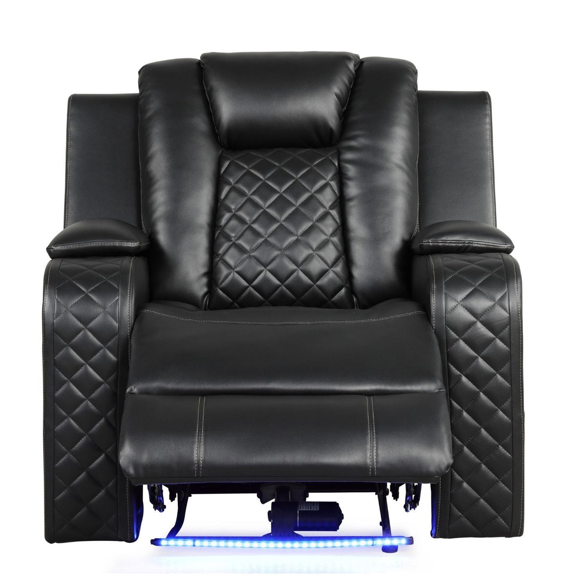 Black LED power recliner chair with quilted center back cushion and blue LED under base