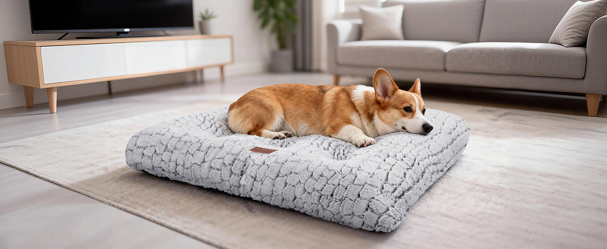 Thick light gray quilted dog bed with a corgi resting on it