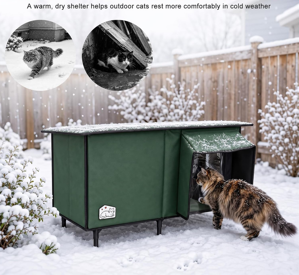 Green heated outdoor cat house with raised legs, sloped roof, and covered entrance