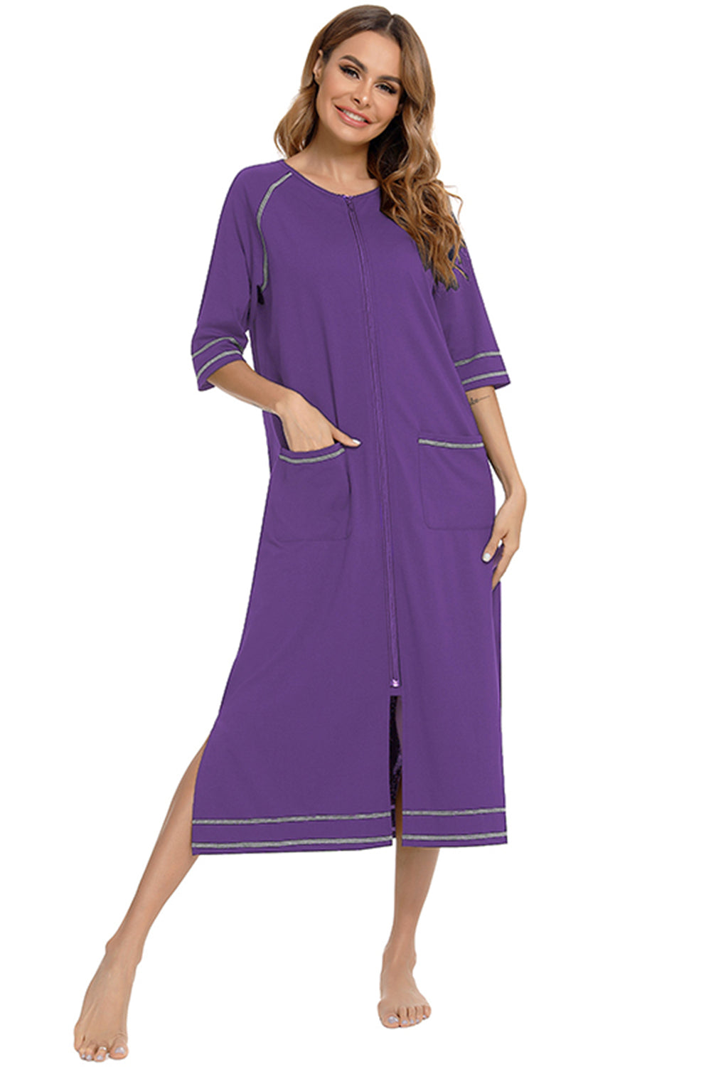 Violet zip-up night dress with round neck, pockets, and side slit hem with contrast trim