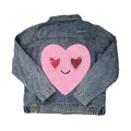 Kids denim jacket with pink sequin heart smile on back
