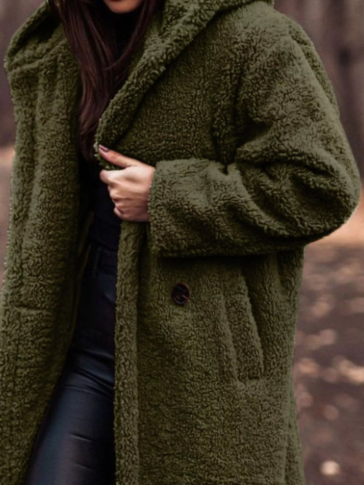 Olive green hooded teddy bear longline outerwear with button front and cozy fleece texture