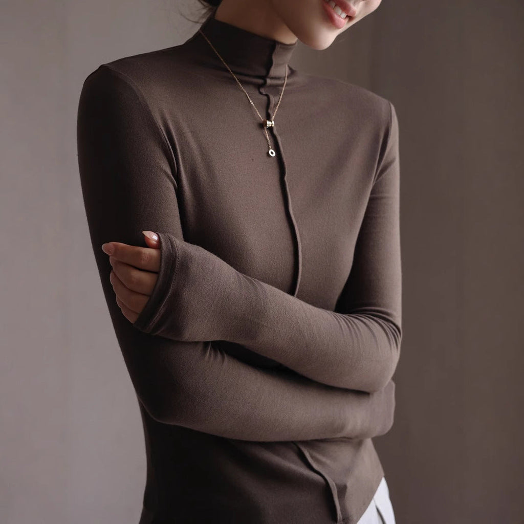 Women’s modal half-turtleneck top with front zip, long sleeves, dark brown