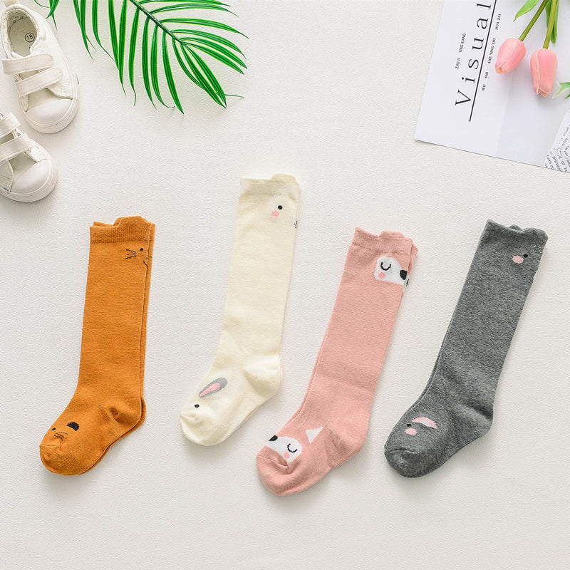 Children’s cartoon animal socks set, orange, cream, pink, and dark gray pairs