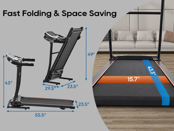 Folded black treadmill with compact frame and handrails, showing size measurements