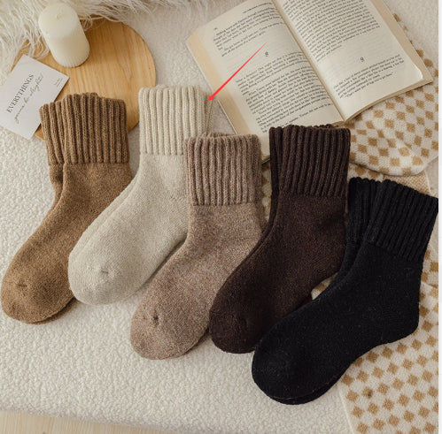 Children's thick wool tube socks set in tan, cream, gray-brown, dark brown, and black