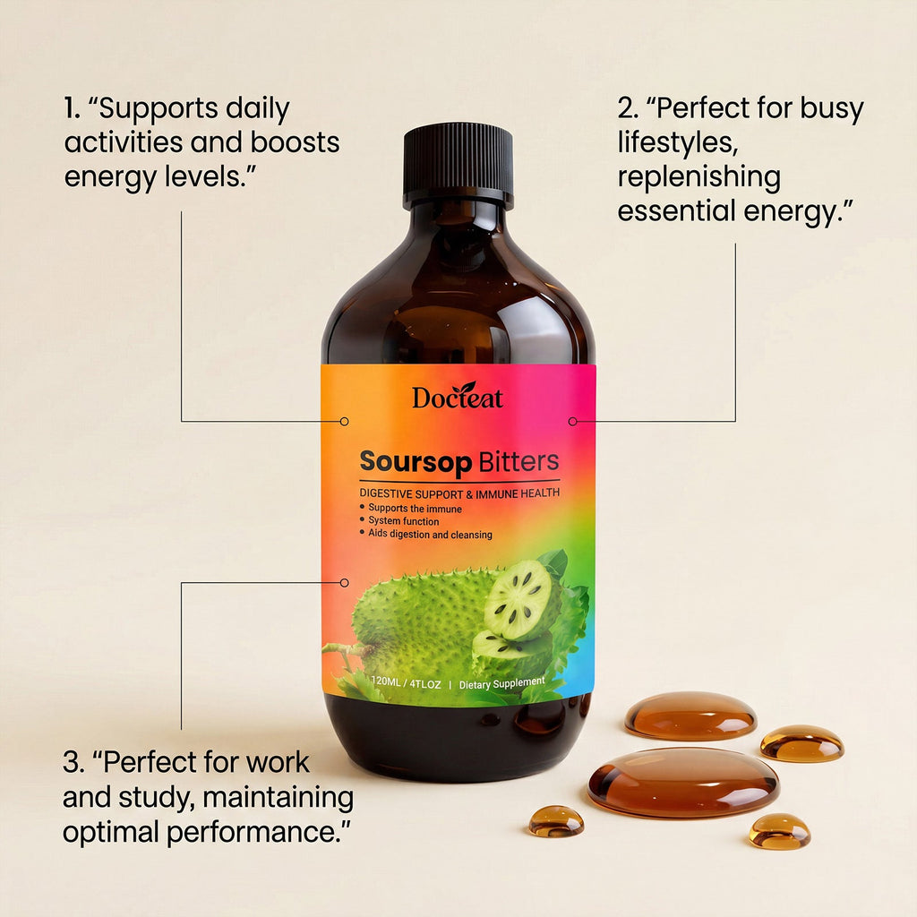 Soursop bitters supplement bottle with label and small amber liquid drops