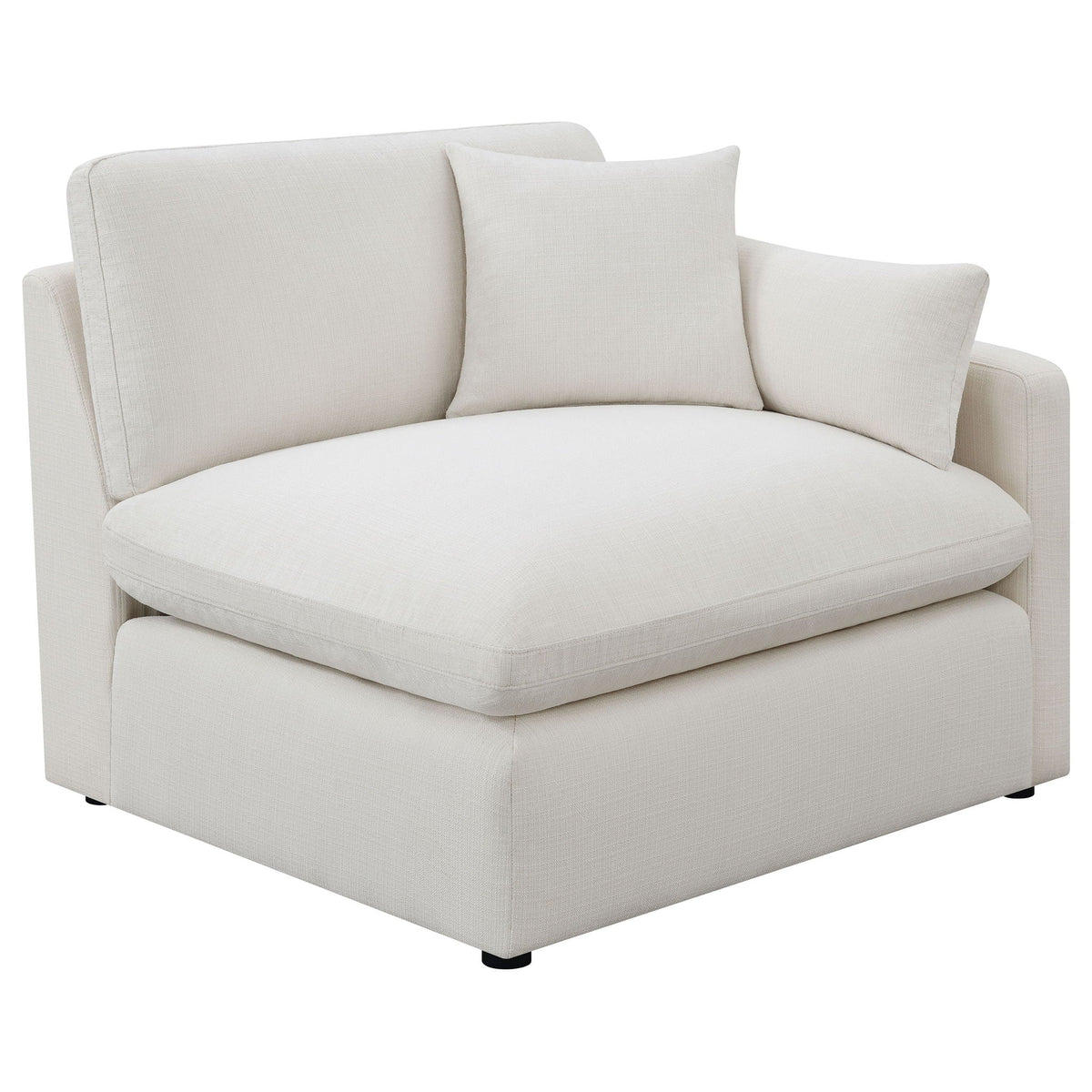 Ivory upholstered sectional sofa chaise with wide arm and back cushions